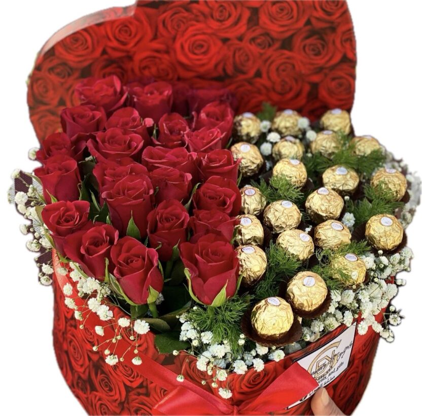 Heart flowers box with Ferrero Rocher